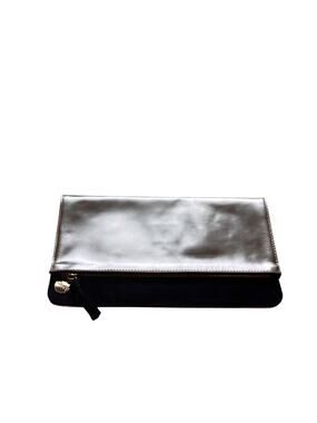 Clare V. Foldover Clutch — Silver Leather + Navy Suede